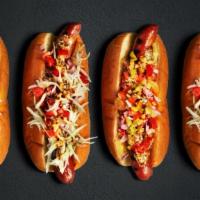 Chic In Chicago Dog · Our footlong hotdog topped with yellow mustard, chopped white onions, sweet pickle relish, t...