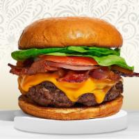Bacon Disco Burger · American beef patty topped with melted cheese, multiple layers of crispy bacon, buttered let...