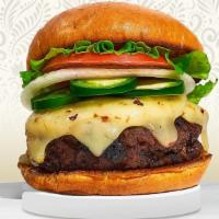 Jammin' With Jalapeño Burger · American beef patty topped with melted pepper jack cheese, jalapenos, buttered lettuce, toma...