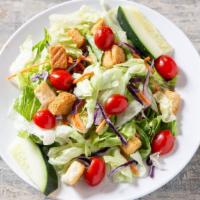 Vegan Dinner Salad · Chopped iceberg & romaine lettuce, Roma tomatoes, vegan croutons shredded carrots & purple c...