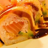 Monster · Tempura shrimp, avocado, salmon, snow crab, soy paper, top: spicy mayo, eel sauce.
