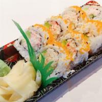 California Roll · imitation crab meat, cucumber, avocado inside with fish egg on top.