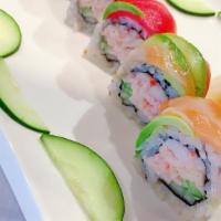 Rainbow Roll · Raw. California rolls with assorted fish on the top.