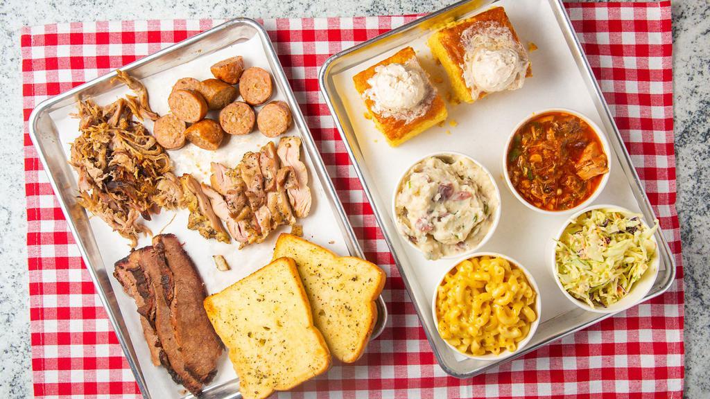 Sampler Platter · Includes your choice of four meats (4 oz. each or 2 ribs), four sides, and four breads. Must choose at least three different meats.
Typically feeds 2-3 people.