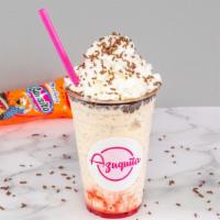 Gansito Milkshake · Milkshake with vanilla base and gansito with strawberry syrup and chocolate syrup topped wit...
