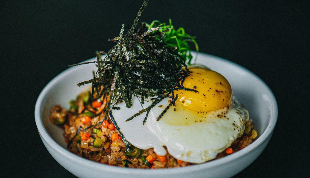 Seaweed Fried Rice · Kelp + crimini mix, veggies, fried egg, green onion, kizami nori