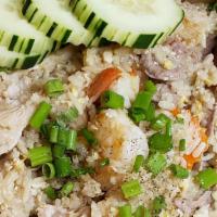 Chaiyo Fried Rice · Stir-fried jasmine rice with mix protein, chicken, beef, pork, shrimp, eggs, onion, carrot, ...