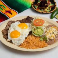 Steak & Eggs Plate · Grilled carne asada steak served with your choice of two prepared eggs, side of guacamole, r...