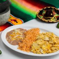 Migitas & Eggs Plate · Fried tortilla with scrambled eggs and a side of corn or flour tortillas.