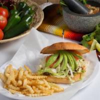 Torta & French Fries · Choice of meat served in a toasted telera roll with mayo, cheese, lettuce, tomato, and fresh...
