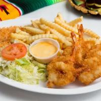 Fried Seafood Plate · Fried fish or shrimp served with side of our homemade seafood sauce, french fries, spanish r...