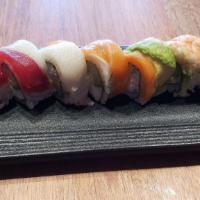 Rainbow · In: Crab meat, Cucumber, Avocado
Out: Salmon, Tuna, Hamachi, White fish, Ebi, Avocado