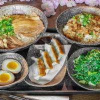 The Champion Combo · Comes with chashu tonkotsu ramen, chashu don, seaweed salad, 4pcs of deep-fried gyoza, ajits...