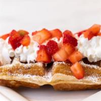 Strawberry · Freshly baked croffles (croissant + waffles) with airy whipped cream and fresh fruit