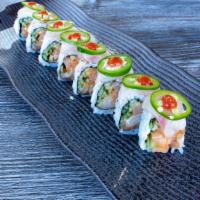 Ninja Roll · Spicy yellowtail and cucumber inside, topped with yellowtail, jalapeno and sriracha.