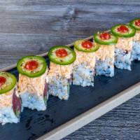 Spicy Girl Roll · Seared tuna cream cheese and cucumber inside, spicy crab mix on top with jalapeno.