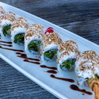 Green River Roll · Shrimp tempura, lettuce and cucumber wrapped with soy paper topped with crab and Eel sauce.