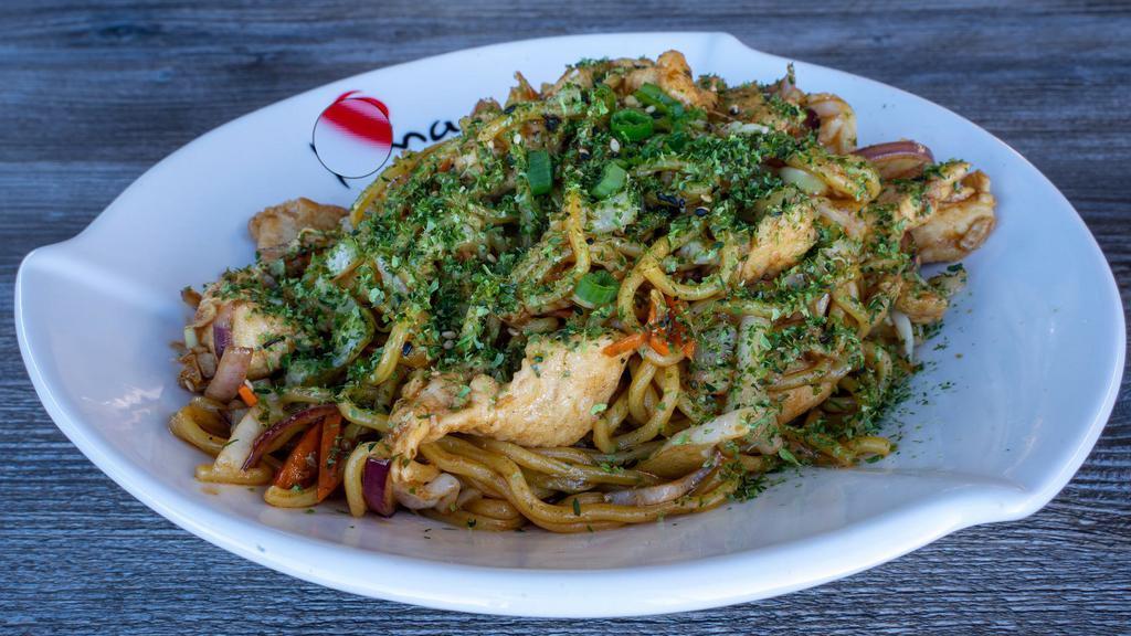 Yakisoba · Stir-fried egg noodles with chicken and vegetables in a sweet delightful yakisoba sauce.