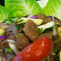 Beef Salad · Beef salad charbroiled beef, cucumbers, tomatoes, cilantro, red onion with spicy lime sauce....