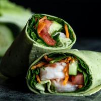 Bang Bang Shrimp Wrap · Shrimp, carrots, spinach, tomato, cucumber and CE Sweet Chili sauce in a tomato basil wrap. ...