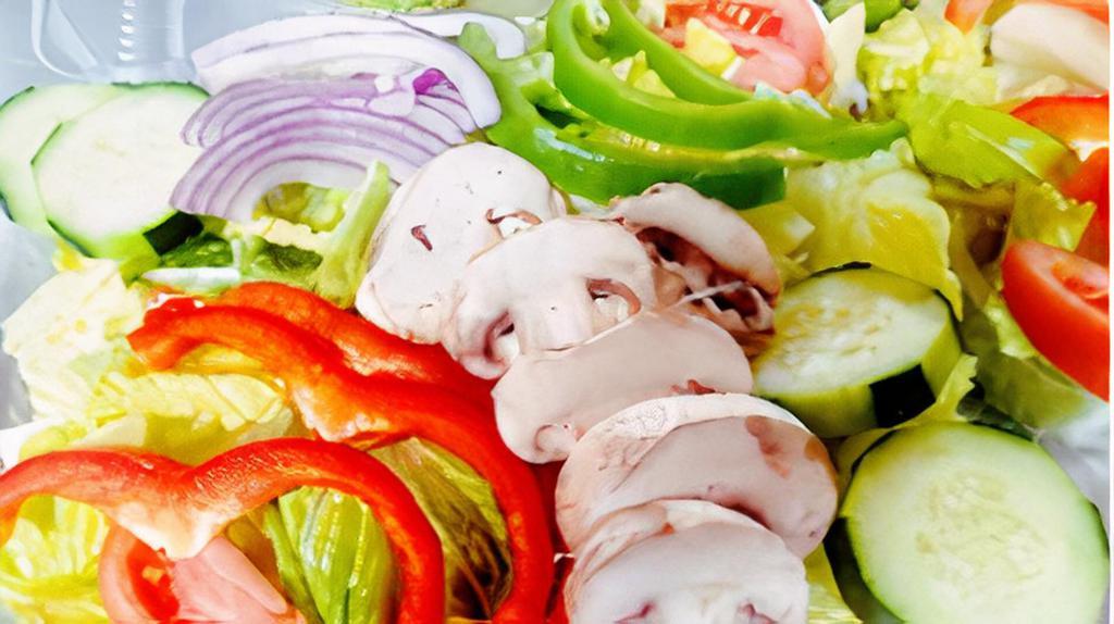 Tossed Salad Sm · Hand crafted with romaine lettuce, tomato, cucumber, red and green bell pepper, red onion, mushroom, olive, and cherry pepper with your choice of dressing.