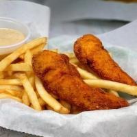 Kids Tenders W/ Fries · 2 chicken tenders with a small french fry and choice of dipping sauce