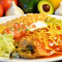 2 Chiles Rellenos · Stuffed green chile filled with cheese, topped with red mild sauce.
