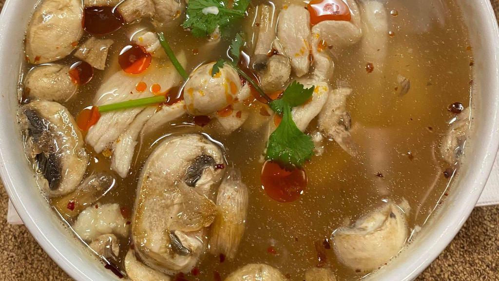Tom Yum Chicken Or Tofu (Bowl) · Vegetarian. Hot and sour soup with mushrooms, lemon grass, chili paste and lime leaves. (Substitute with prawns or with seafood for an additional charge)