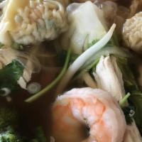 Pho Noodle Soup With Wonton · 🤩Most popular. Included noodles, 6 pieces of wonton with shrimp, chicken and vegetables.