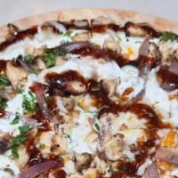Bbq Chicken · Seasoned grilled chicken, cheese blend , caramelized purple onion and finished with a drizzl...