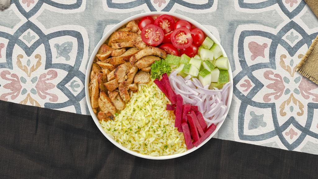 No Better Chicken Shawarma Plate · Flavorful chicken, hummus, green salad, rice, and warm pita bread.