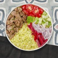 Beef Boy Shish Kebab Plate · Beef shish kebab, hummus, green salad, rice, and warm pita bread.