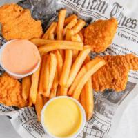 Chicken Strips & Fries W/ 2 Sauces · Four pieces of deep-fried chicken filet served with fresh-cut fries, fry sauce.
