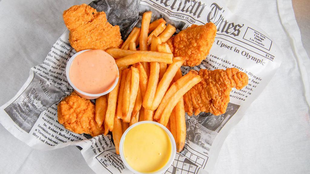 Chicken Strips & Fries W/ 2 Sauces · Four pieces of deep-fried chicken filet served with fresh-cut fries, fry sauce.