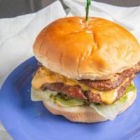 Double H · 1/2 lb. ground chuck hamburger garnished with fry sauce lettuce tomato and american cheese o...