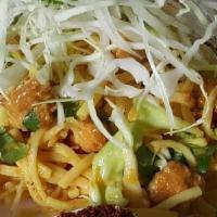 Bd Noodles Salad · Burmese delight noodles salad. Yellow noodles mixed with house dressing, curried chicken, ca...