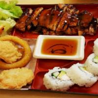 Bento Box · Most popular. Char-broiled chicken, tempura (shrimp and vegetable), gyoza, California rolls,...