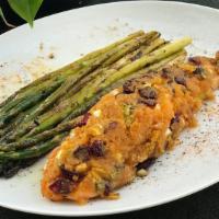 Cranberry-Crusted Salmon · Baked, crispy on the outside, tender and juicy on the inside, with side of seared asparagus....