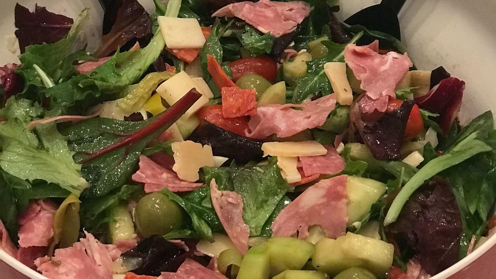 Antipasto Salad · mixed greens, salamis, cheeses, baby tomato, cucumber, artichoke hearts, olives, tossed in a house balsamic vinaigrette