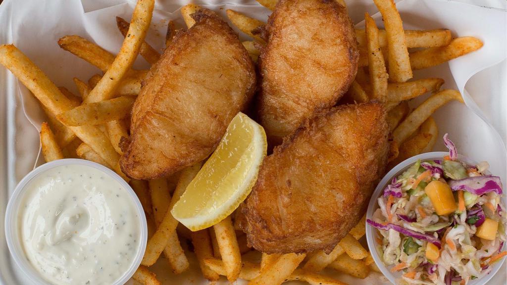 Pacific Cod · Wild, line-caught, Pacific Cod filets with hand-cut fries, our special cabbage slaw, lemon, and pepperoncini tartar sauce. Gluten-free available.
