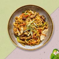 Chuck Cluck Yaki Udon · Stir-fried Japanese Udon noodles with chicken.