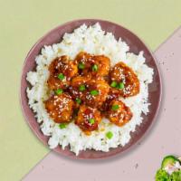 Sesame Street Chicken · Sesames chicken served with aromatic short-grained rice, freshly made edamame, side of dumpl...