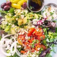 Greek Salad 🥗 · Mixed greens topped with onion, English cucumber, grape tomato, Kalamata olives, feta cheese...