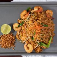 Pad Thai Shrimp · Rice noodle stir fried with eggs, bean sprout, green onion and cilantro.