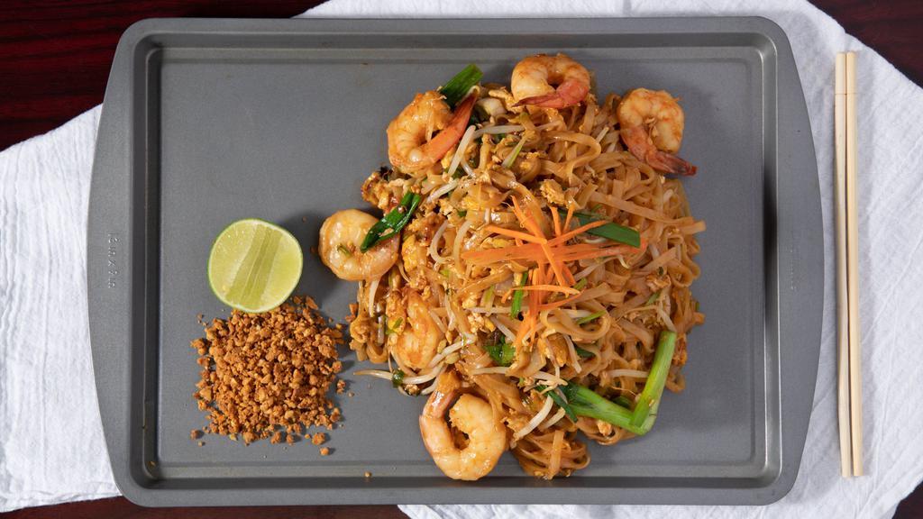 Pad Thai Shrimp · Rice noodle stir fried with eggs, bean sprout, green onion and cilantro.