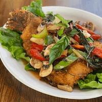 Three Flavor Trout  · Deep-fried floured trout topped with our three flavor sauce with mushroom, bell pepper, and ...