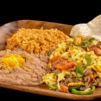 Machaca Platter · Egg and shredded beef scramble with onion, bell pepper, and tomato.