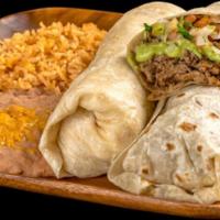 Two Carne Asada Burritos Combination · With a side of rice and beans.