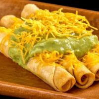 4 Rolled Tacos With Guacamole Combination Plate · Four shredded beef rolled tacos topped with guacamole and cheese.