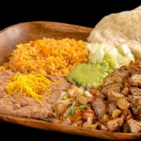 #15 Carnitas Plate · Pork meat served with guacamole, pico de gallo, lettuce, rice, and beans.